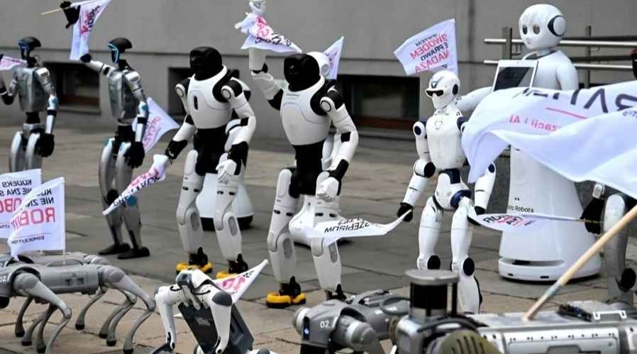 Robots Protest for Rules on AI and Jobs